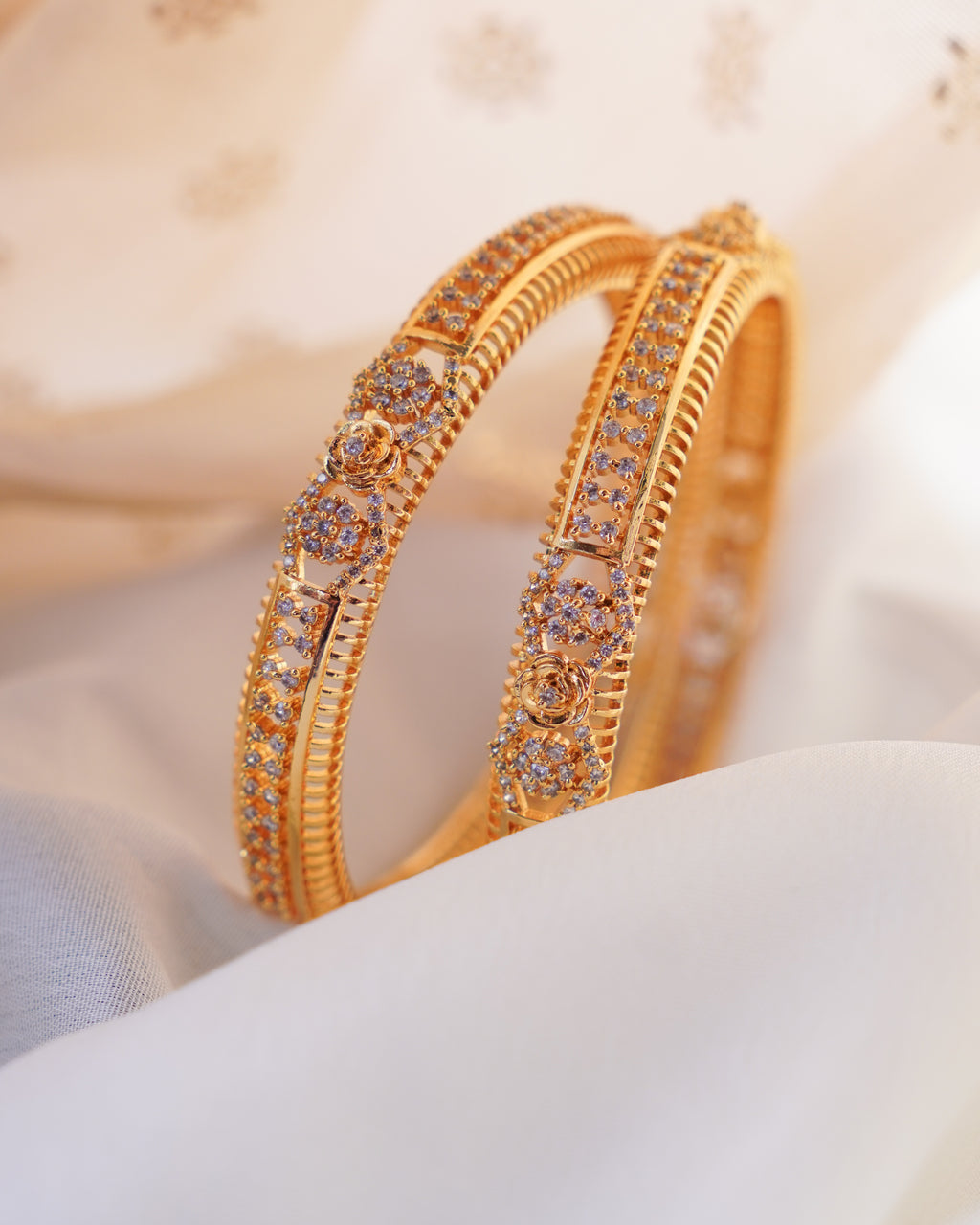 ZORA -  Premium 1 Gram Gold Plated American Diamond Kada Bangles | Micro Plated Stone Encrusted Traditional Bracelets Set of 2
