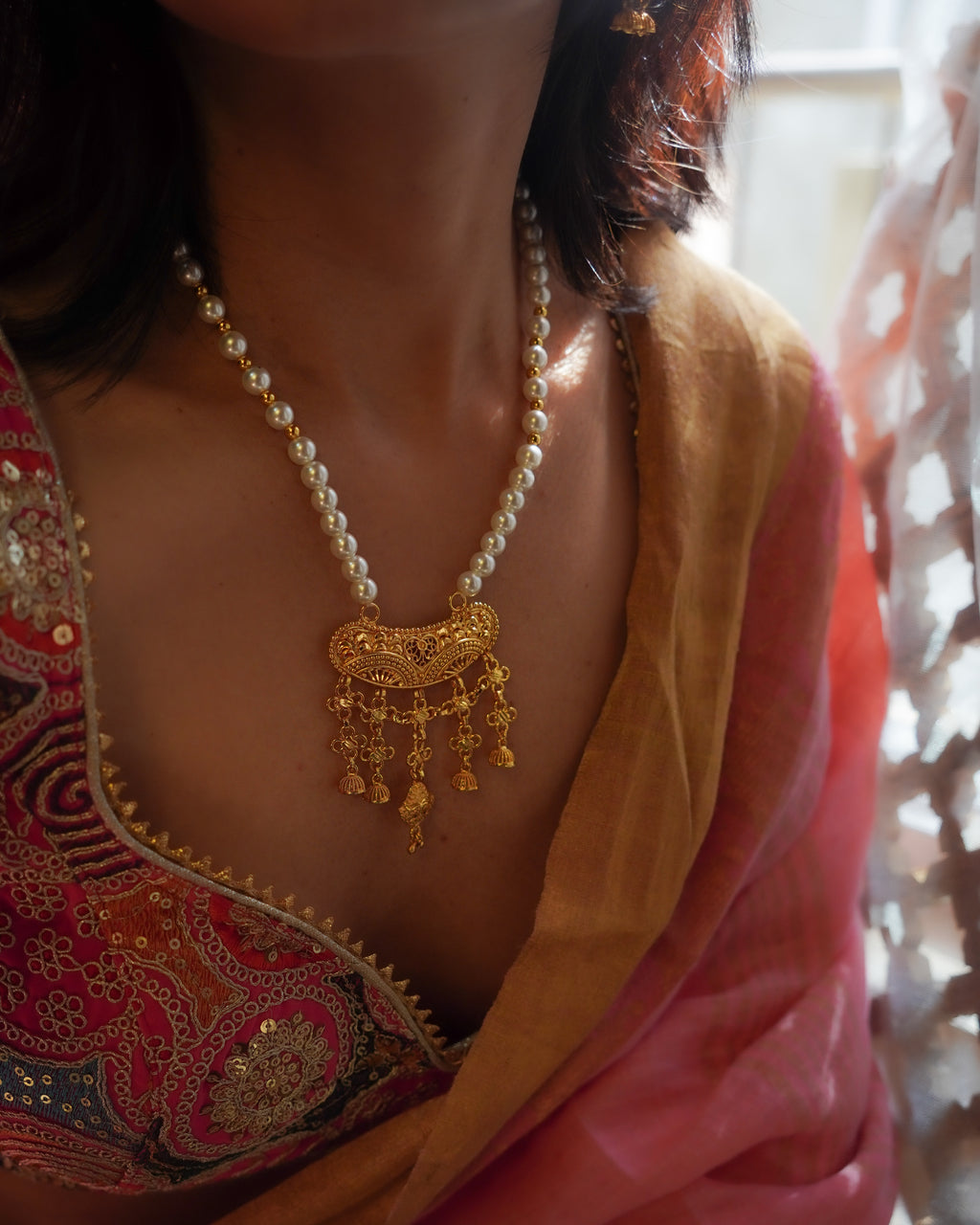 ORO - Premium 1 Gram Gold Plated Pearl Mala Long Necklace Set | Micro Plated Long Haram with Multi Jhumka Drops and Matching Earrings
