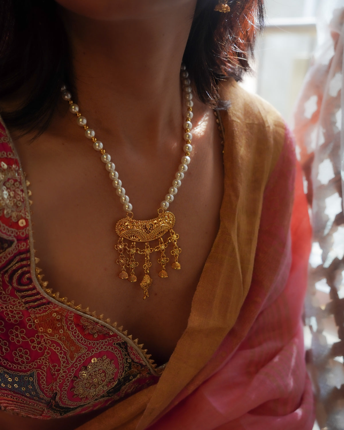 ORO - Premium 1 Gram Gold Plated Pearl Mala Long Necklace Set | Micro Plated Long Haram with Multi Jhumka Drops and Matching Earrings