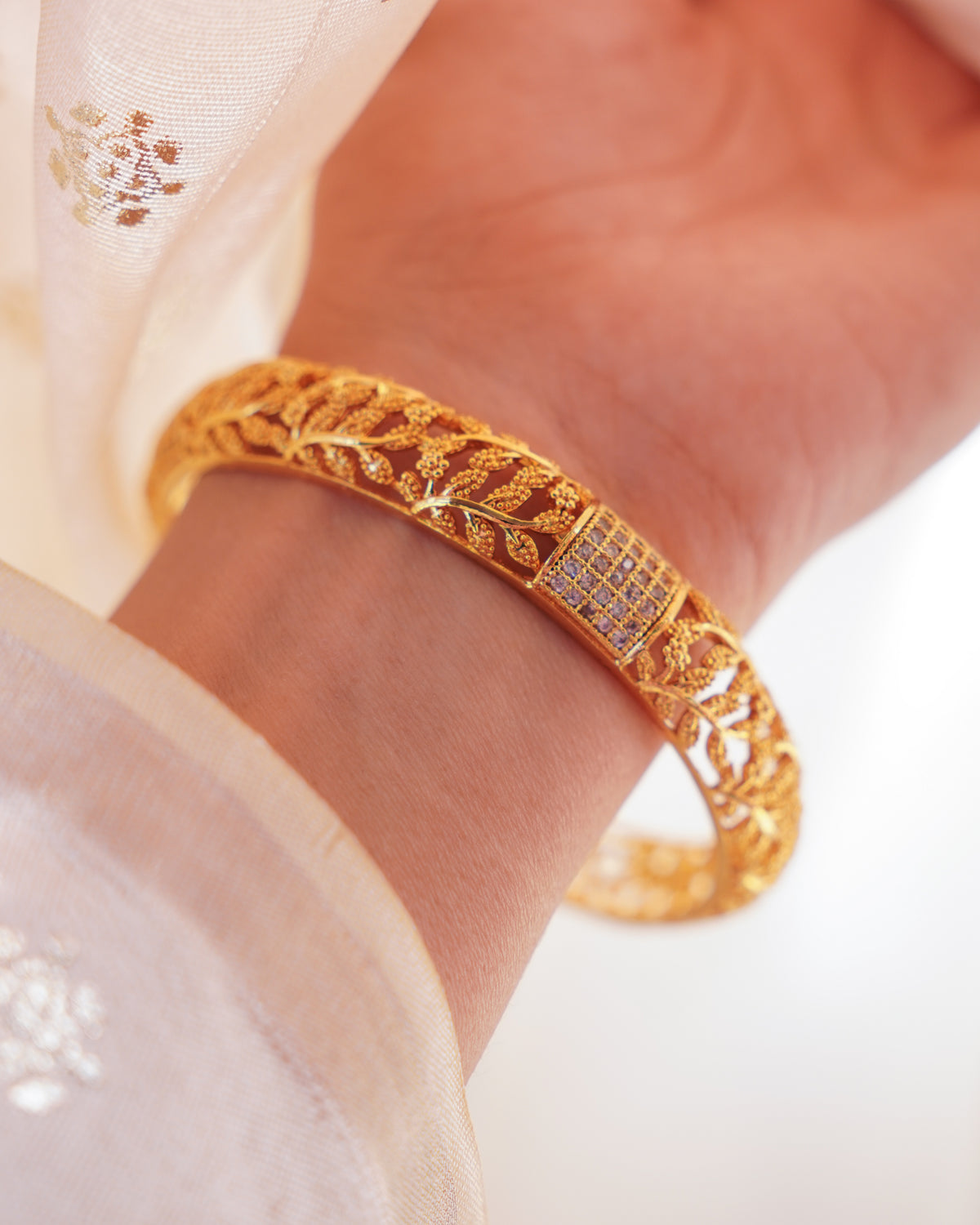ZORA - Premium 1 Gram Gold Plated Leaf Filigree Bangles | Micro Plated American Diamond Set of 2
