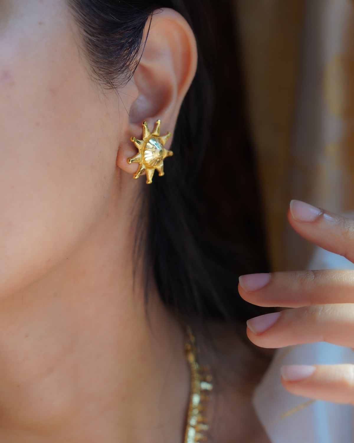 ORO-Gold Plated Geometric Spike Necklace Set | Micro Plated Traditional Necklace with Matching Sunburst Studs