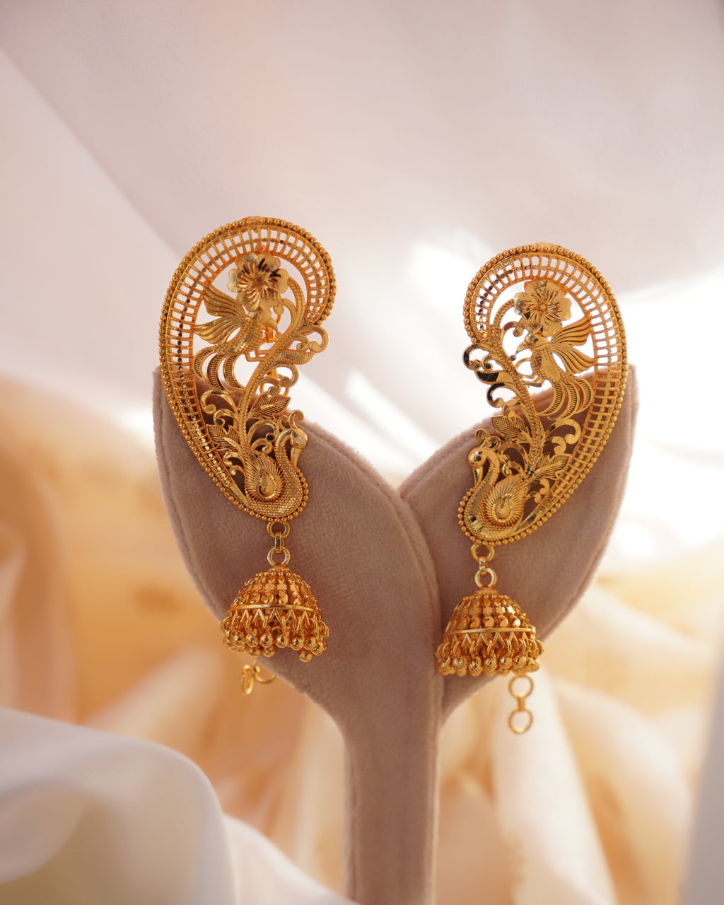 ORO - Premium 1 Gram Gold Plated Royal Peacock Kaan Phool Earrings | Micro Plated Floral Ear Cuffs with Hanging Jhumkas