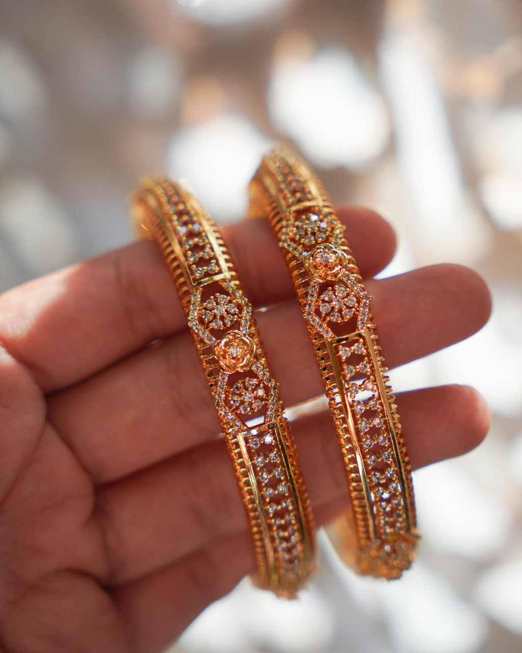 ZORA -  Premium 1 Gram Gold Plated American Diamond Kada Bangles | Micro Plated Stone Encrusted Traditional Bracelets Set of 2