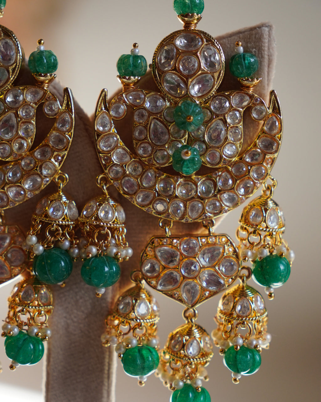 ROOP- Crescent Moon Gold & Emerald Chandbali Earrings