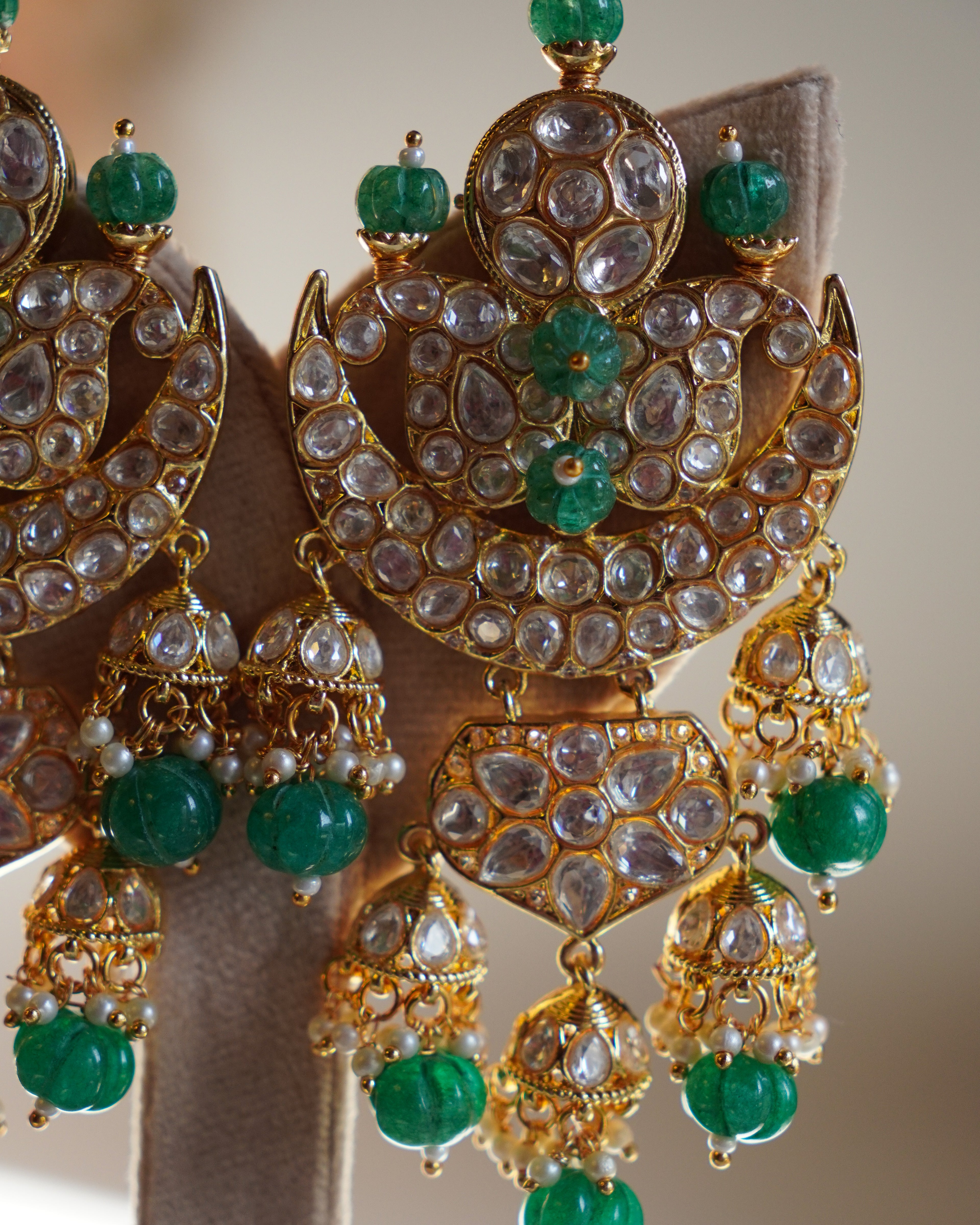 ROOP- Crescent Moon Gold & Emerald Chandbali Earrings
