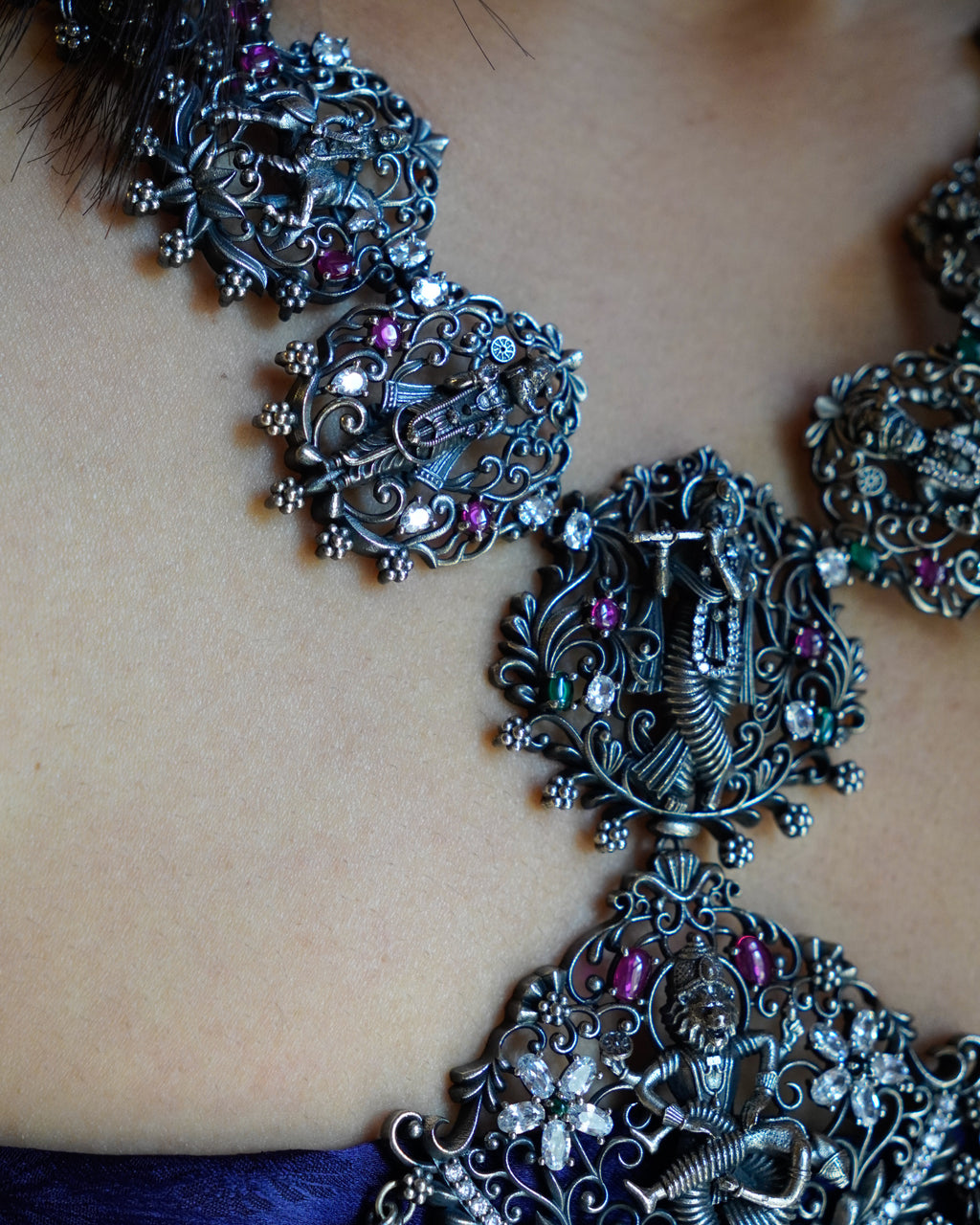 Anassa- Oxidised Temple Jewellery Necklace Set with Earrings – Antique Silver Finish Brass, Goddess Pendant Statement