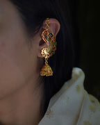 ORO-Premium 1 Gram Gold Plated Meenakari Peacock Kaan Phool Earrings | Micro Plated Enamel Ear Cuffs with Hanging Jhumkas