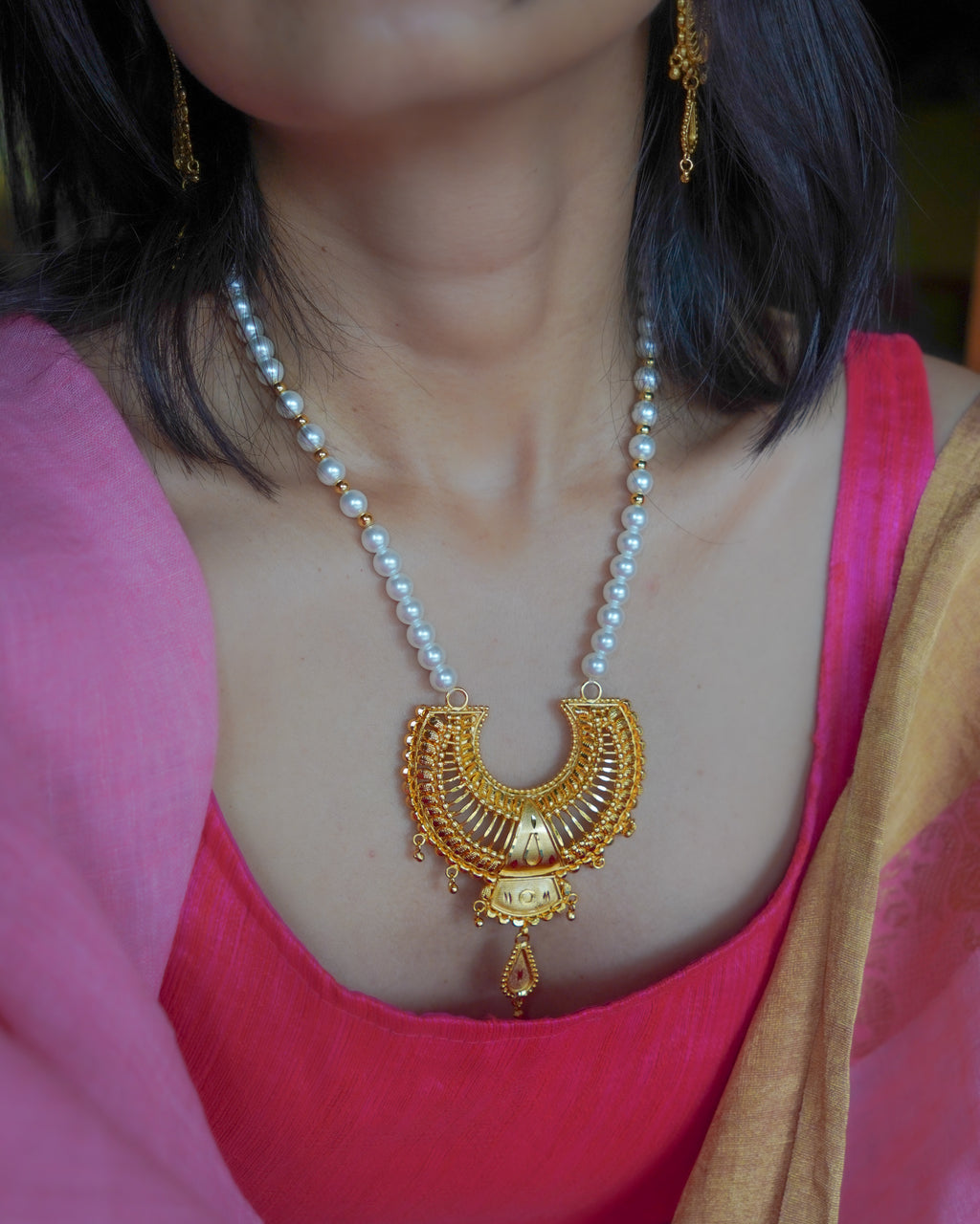 ORO- Royal Sunburst & Pearl Long Mala Set – 1gm Gold Plated Traditional Crescent Festive Necklace