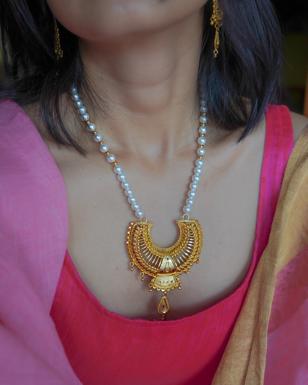ORO- Royal Sunburst & Pearl Long Mala Set – 1gm Gold Plated Traditional Crescent Festive Necklace