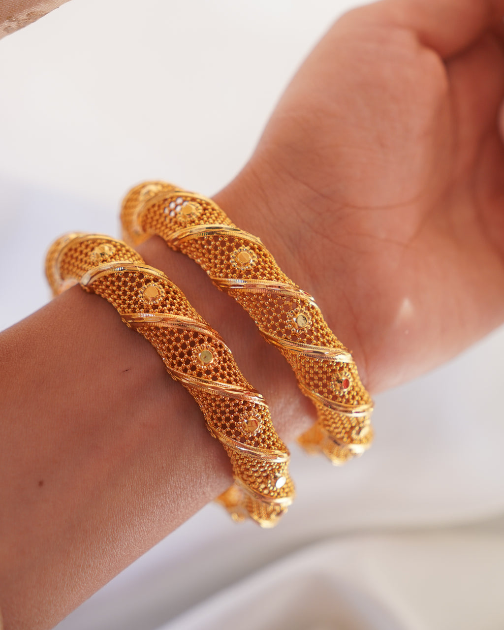 ZORA - Premium 1 Gram Gold Plated Twisted Mesh Bangles | Micro Plated Spiral Filigree Traditional Bracelets Set of 2