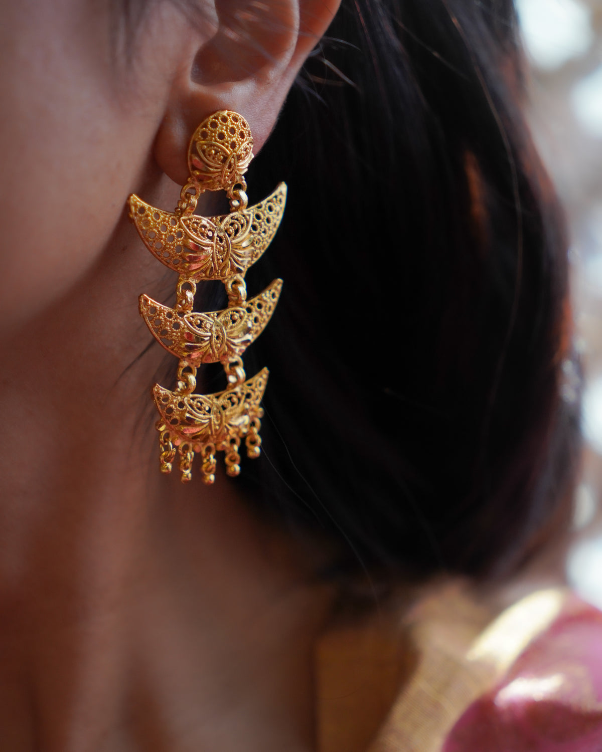 ORO- Royal Three Tier Heritage Dangle – 1gm Gold Plated Dramatic Crescent Mesh Statement Chandbali Earrings