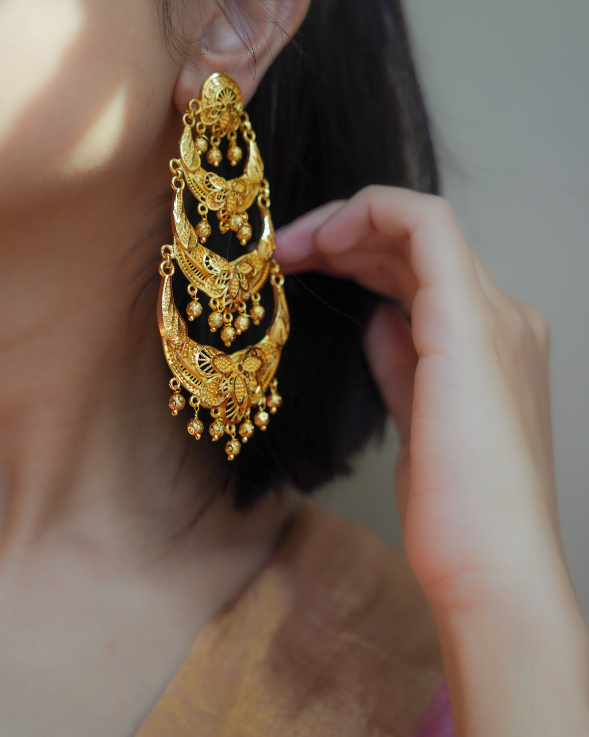 ORO- Three Tier Chandbali Earrings | Micro Plated Floral Filigree Layered Wedding Dangles