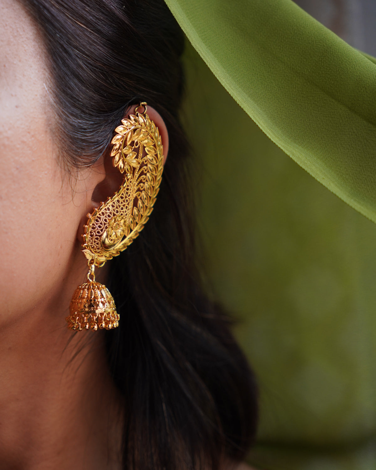 ORO-  Traditional Paisley Ear Cuffs with Jhumka | Premium Micro Plated Mango Kaan Chain Earrings