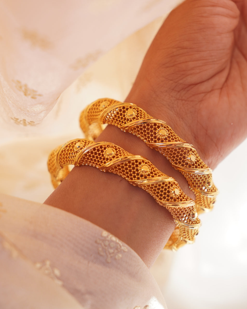 ZORA - Premium 1 Gram Gold Plated Twisted Mesh Bangles | Micro Plated Spiral Filigree Traditional Bracelets Set of 2