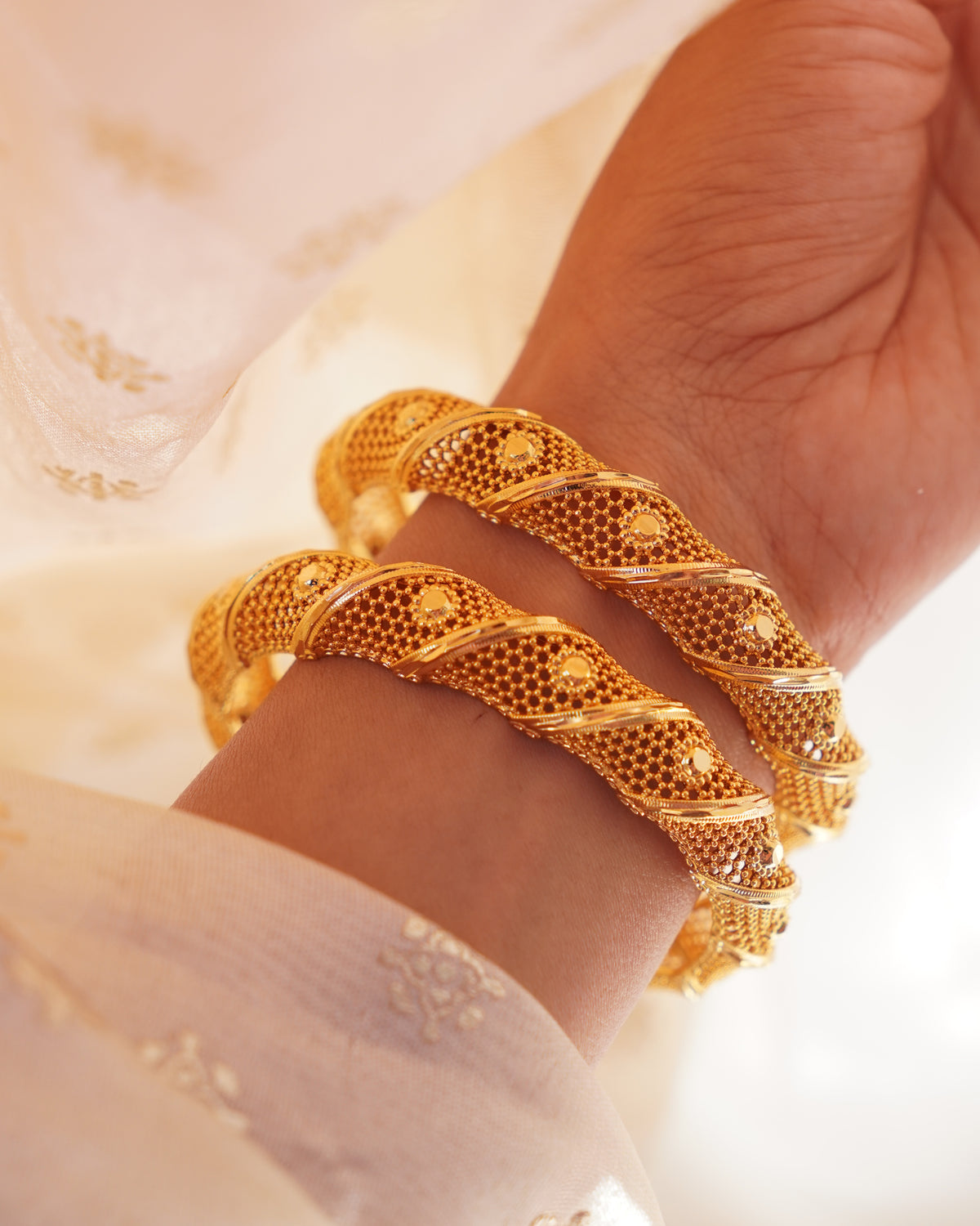 ZORA - Premium 1 Gram Gold Plated Twisted Mesh Bangles | Micro Plated Spiral Filigree Traditional Bracelets Set of 2