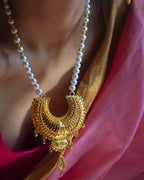 ORO- Royal Sunburst & Pearl Long Mala Set – 1gm Gold Plated Traditional Crescent Festive Necklace