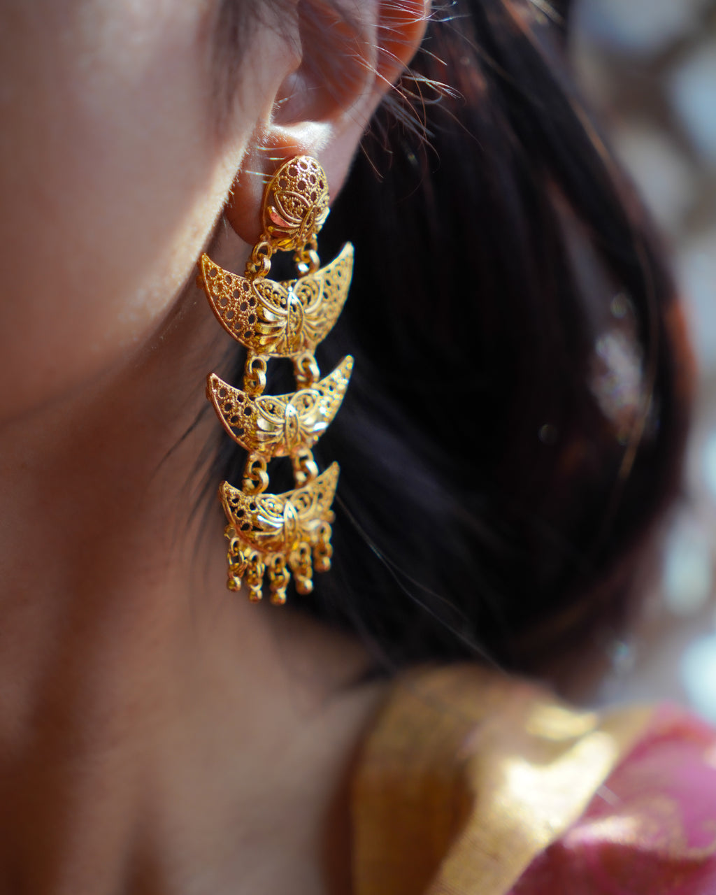 ORO- Royal Three Tier Heritage Dangle – 1gm Gold Plated Dramatic Crescent Mesh Statement Chandbali Earrings