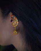 ORO-Premium 1 Gram Gold Plated Meenakari Peacock Kaan Phool Earrings | Micro Plated Enamel Ear Cuffs with Hanging Jhumkas