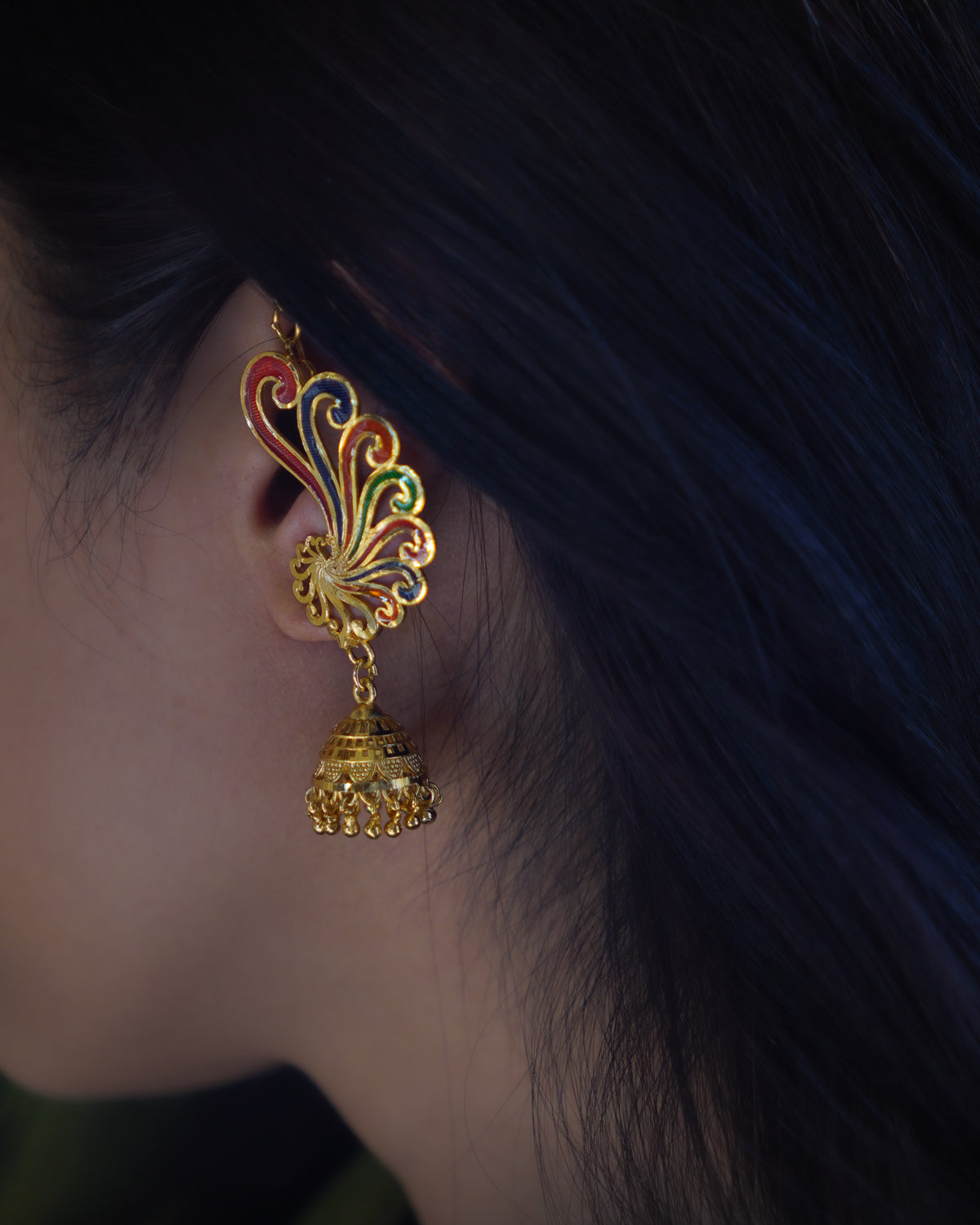 ORO-Premium 1 Gram Gold Plated Meenakari Peacock Kaan Phool Earrings | Micro Plated Enamel Ear Cuffs with Hanging Jhumkas