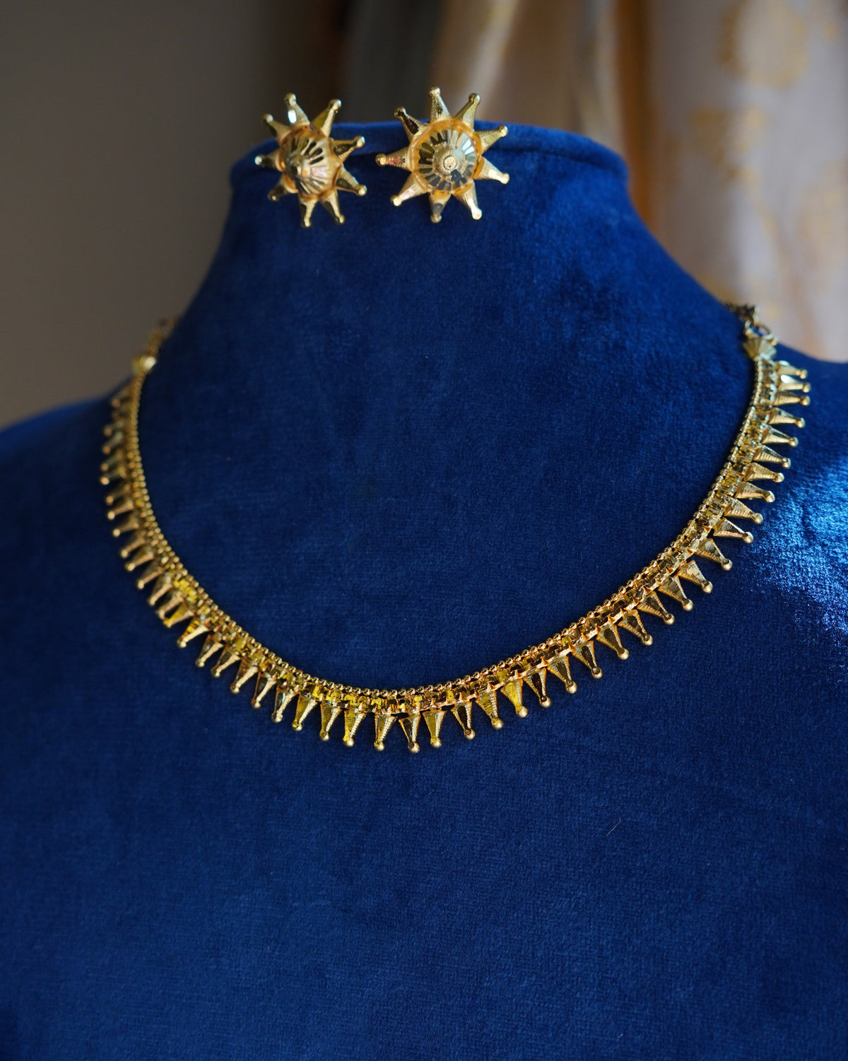 ORO-Gold Plated Geometric Spike Necklace Set | Micro Plated Traditional Necklace with Matching Sunburst Studs