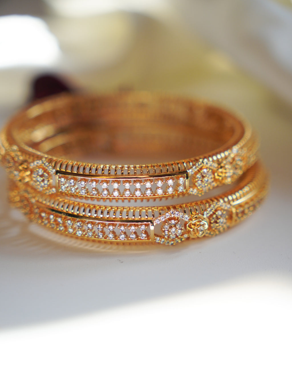 ZORA -  Premium 1 Gram Gold Plated American Diamond Kada Bangles | Micro Plated Stone Encrusted Traditional Bracelets Set of 2