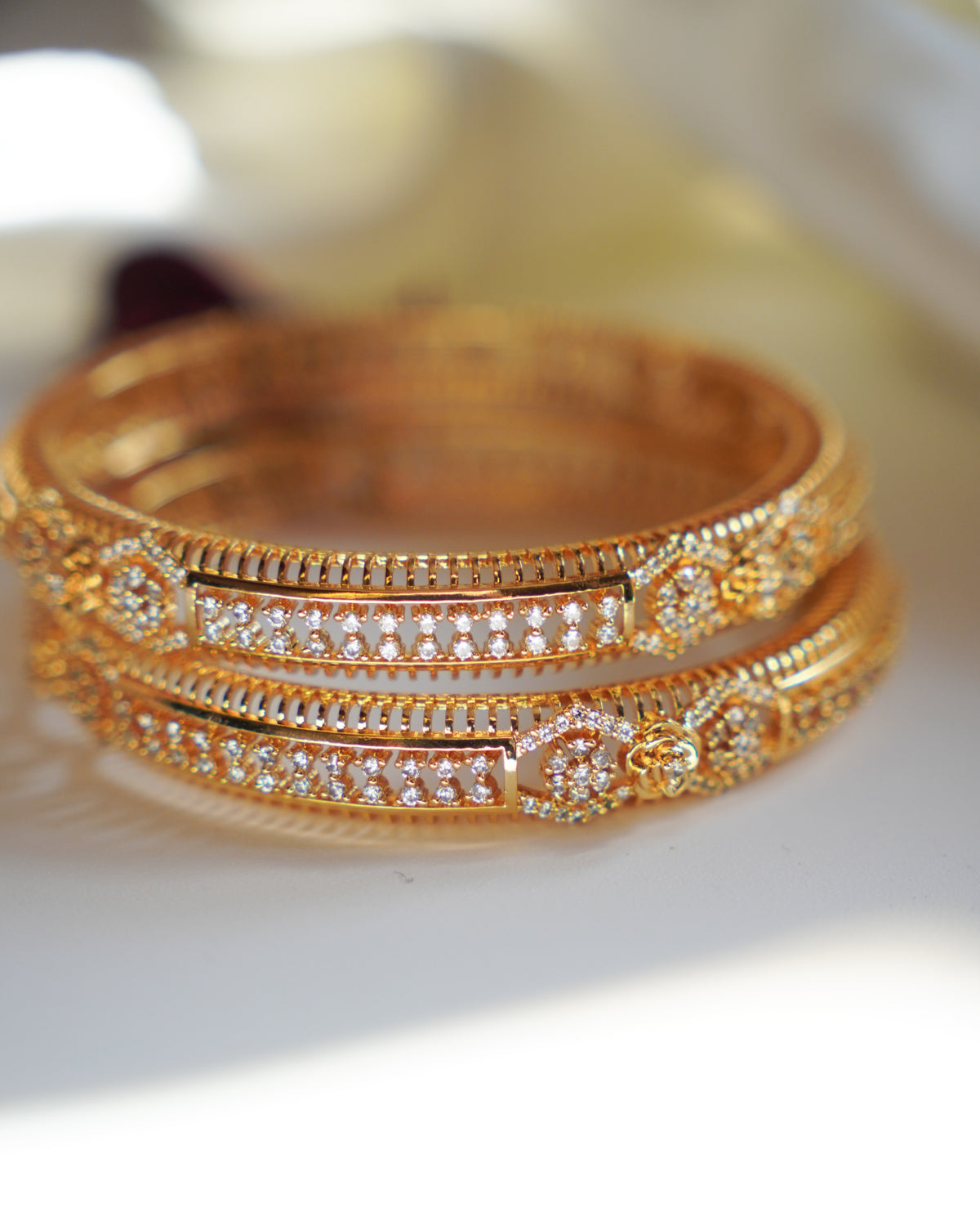 ZORA -  Premium 1 Gram Gold Plated American Diamond Kada Bangles | Micro Plated Stone Encrusted Traditional Bracelets Set of 2
