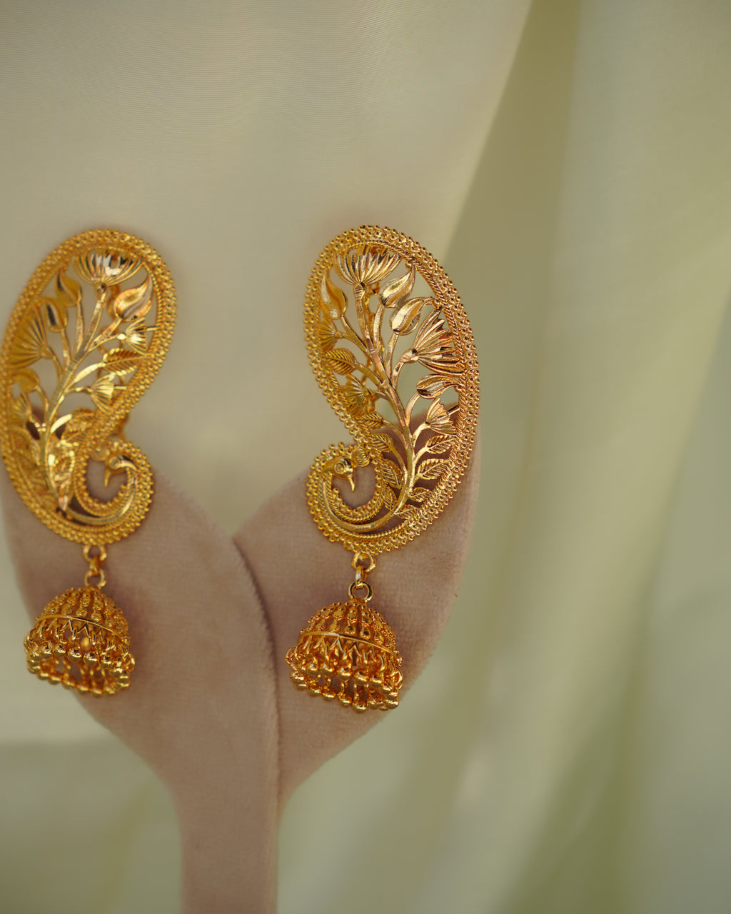 ORO-Gold Plated Paisley Peacock Kaan Phool Earrings | Micro Plated Botanical Ear Cuffs with Hanging Jhumkas