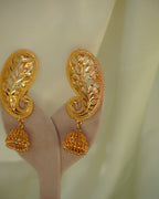 ORO-Gold Plated Paisley Peacock Kaan Phool Earrings | Micro Plated Botanical Ear Cuffs with Hanging Jhumkas
