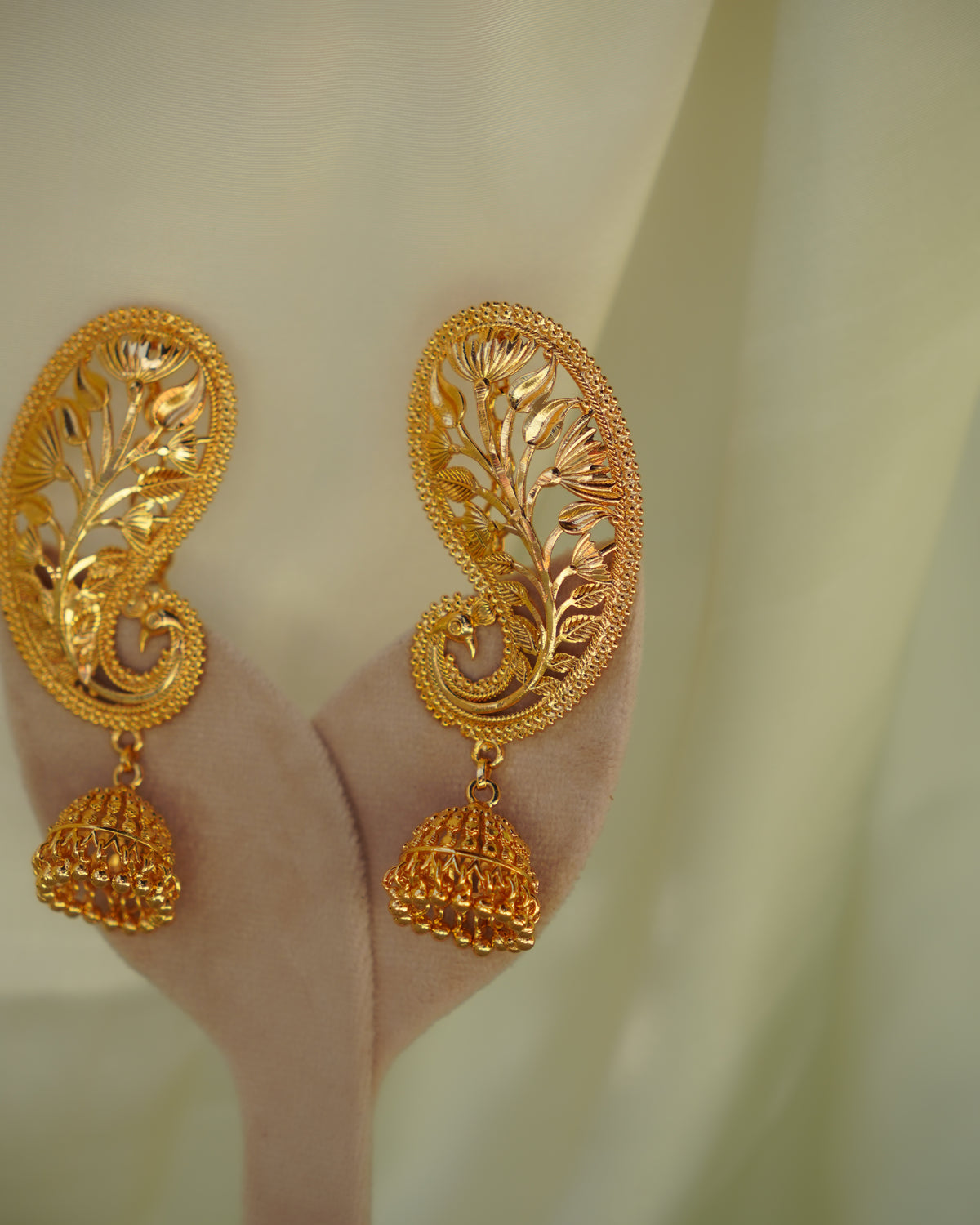 ORO-Gold Plated Paisley Peacock Kaan Phool Earrings | Micro Plated Botanical Ear Cuffs with Hanging Jhumkas