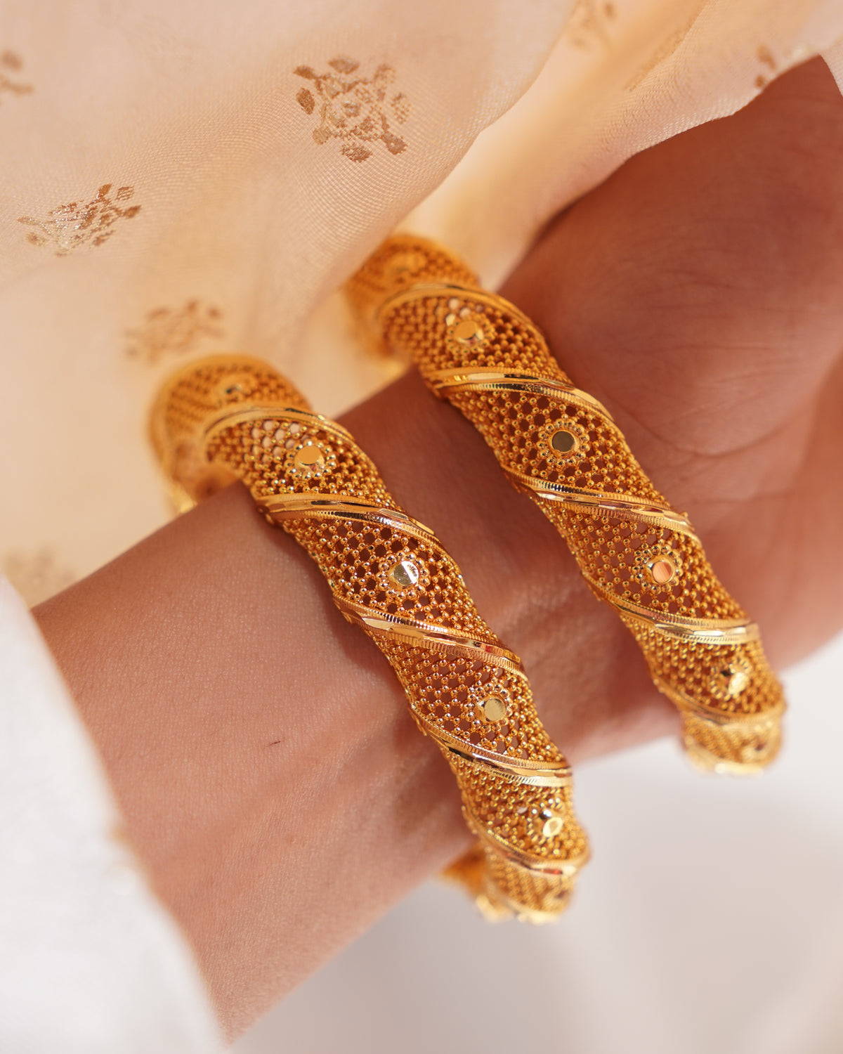 ZORA - Premium 1 Gram Gold Plated Twisted Mesh Bangles | Micro Plated Spiral Filigree Traditional Bracelets Set of 2