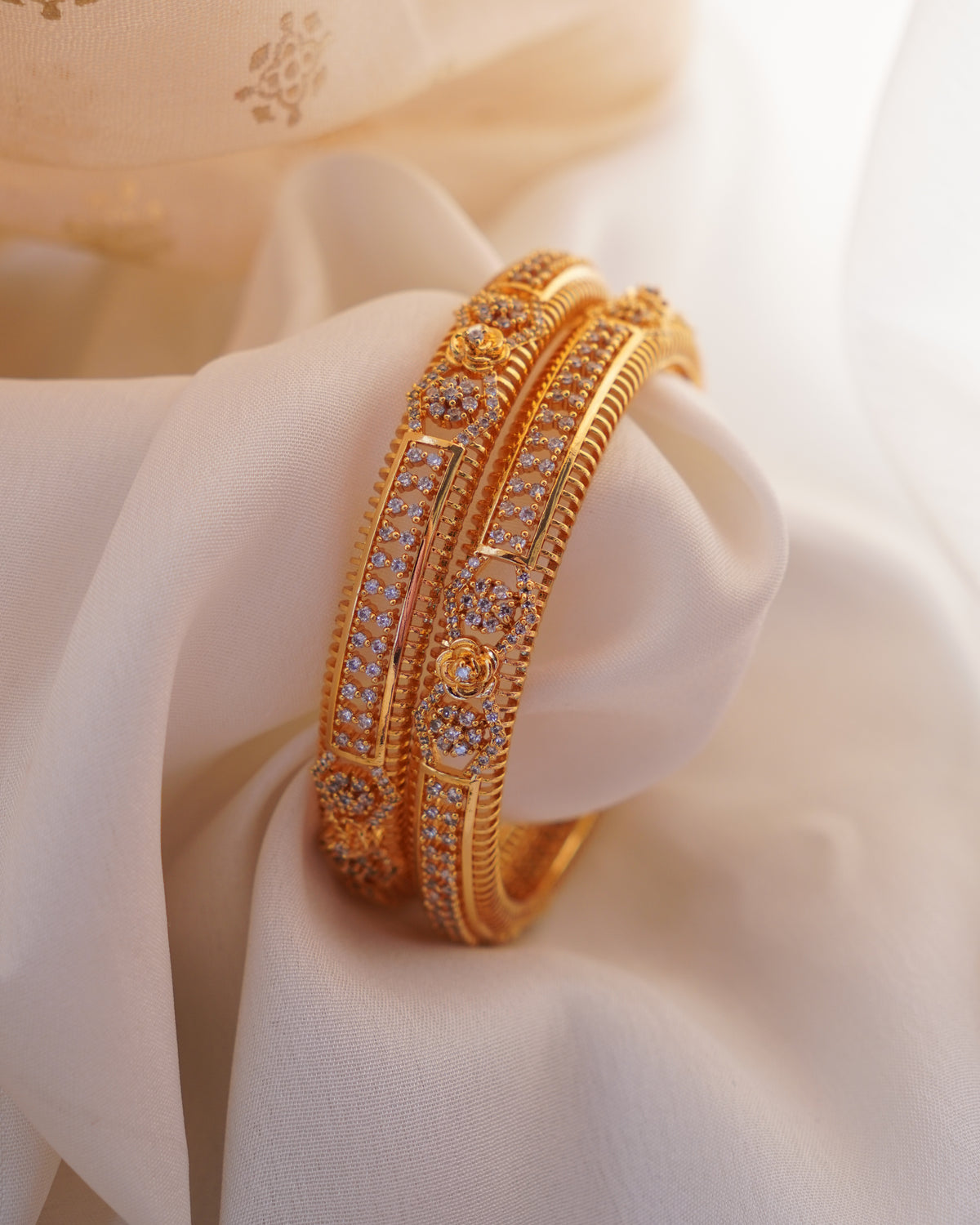 ZORA -  Premium 1 Gram Gold Plated American Diamond Kada Bangles | Micro Plated Stone Encrusted Traditional Bracelets Set of 2