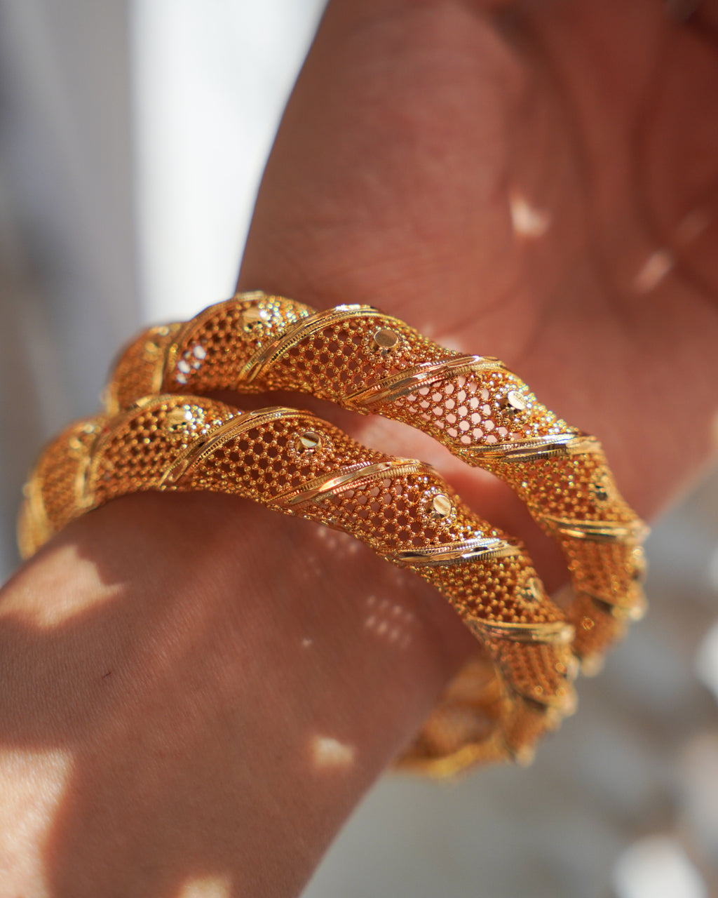 ZORA - Premium 1 Gram Gold Plated Twisted Mesh Bangles | Micro Plated Spiral Filigree Traditional Bracelets Set of 2