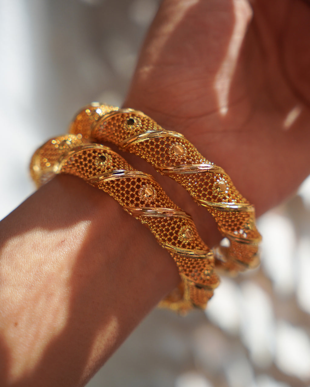 ZORA - Premium 1 Gram Gold Plated Twisted Mesh Bangles | Micro Plated Spiral Filigree Traditional Bracelets Set of 2