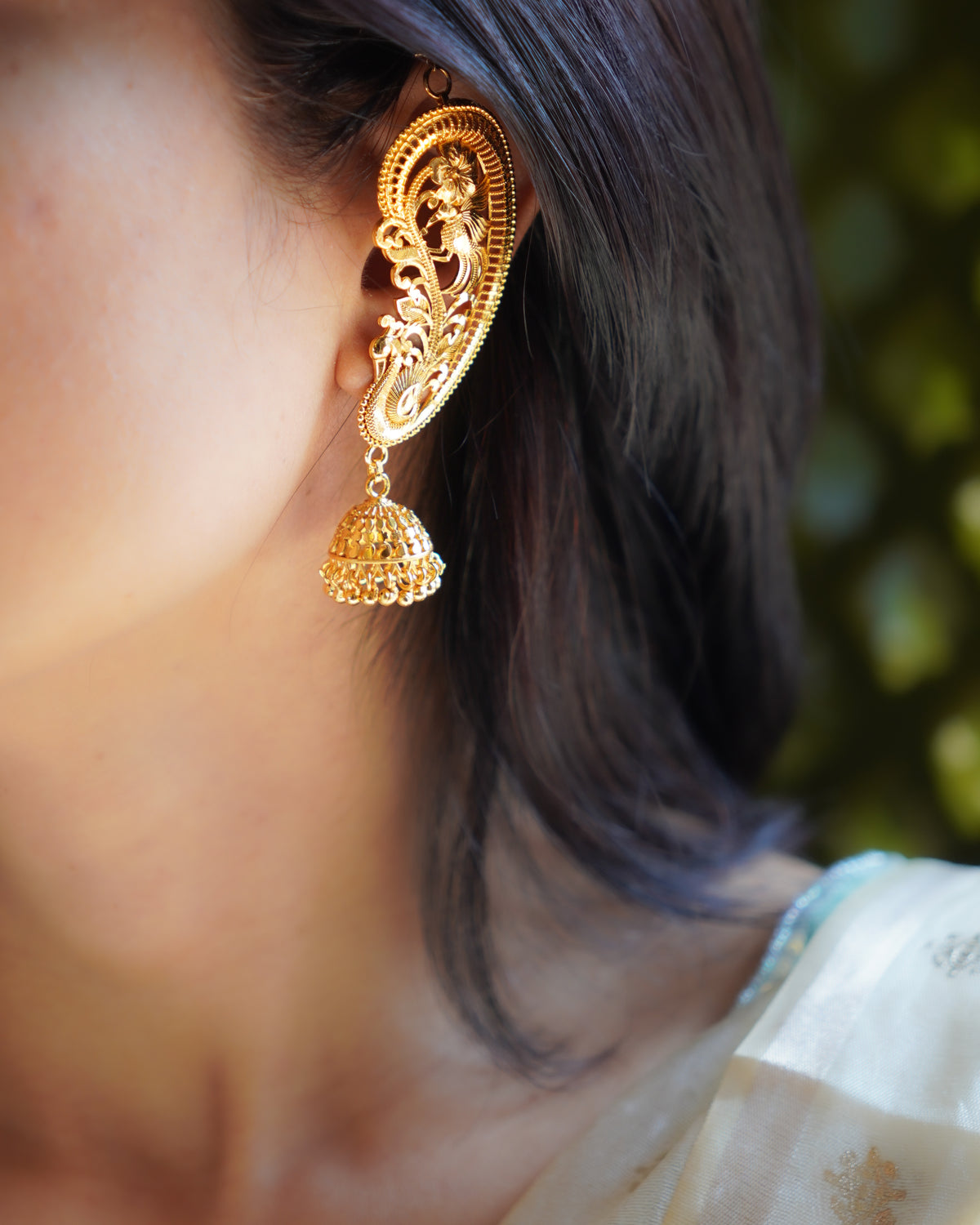 ORO - Premium 1 Gram Gold Plated Royal Peacock Kaan Phool Earrings | Micro Plated Floral Ear Cuffs with Hanging Jhumkas