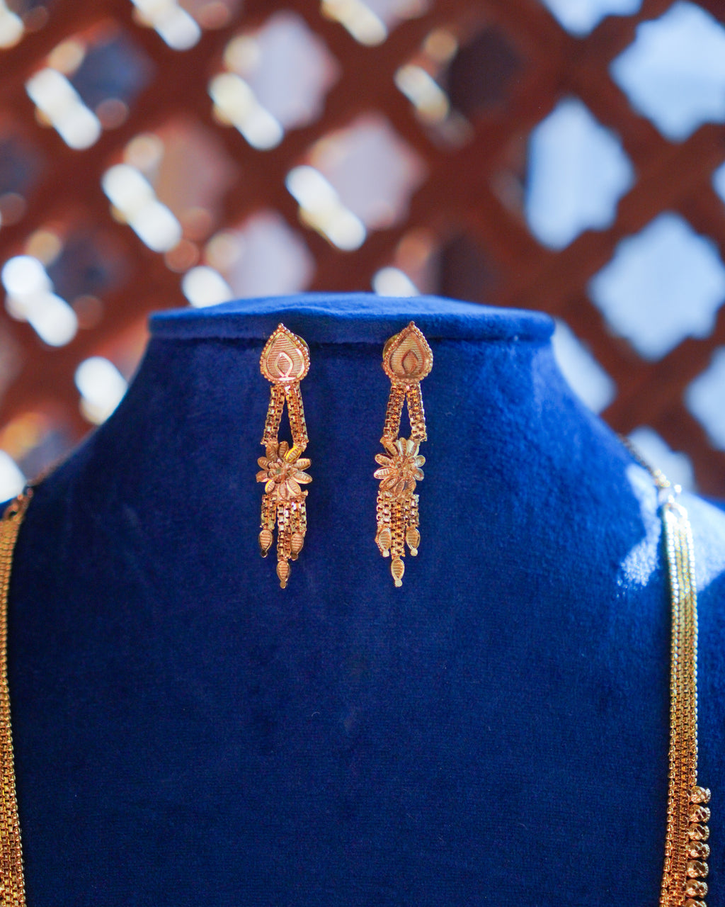 ORO-  Premium 1 Gram Gold Plated Traditional Long Haram Set | Micro Plated Sleek Rani Haar with Central Floral Pendant and Matching Earrings