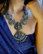 Anassa- Oxidised Temple Jewellery Necklace Set with Earrings – Antique Silver Finish Brass, Goddess Pendant Statement