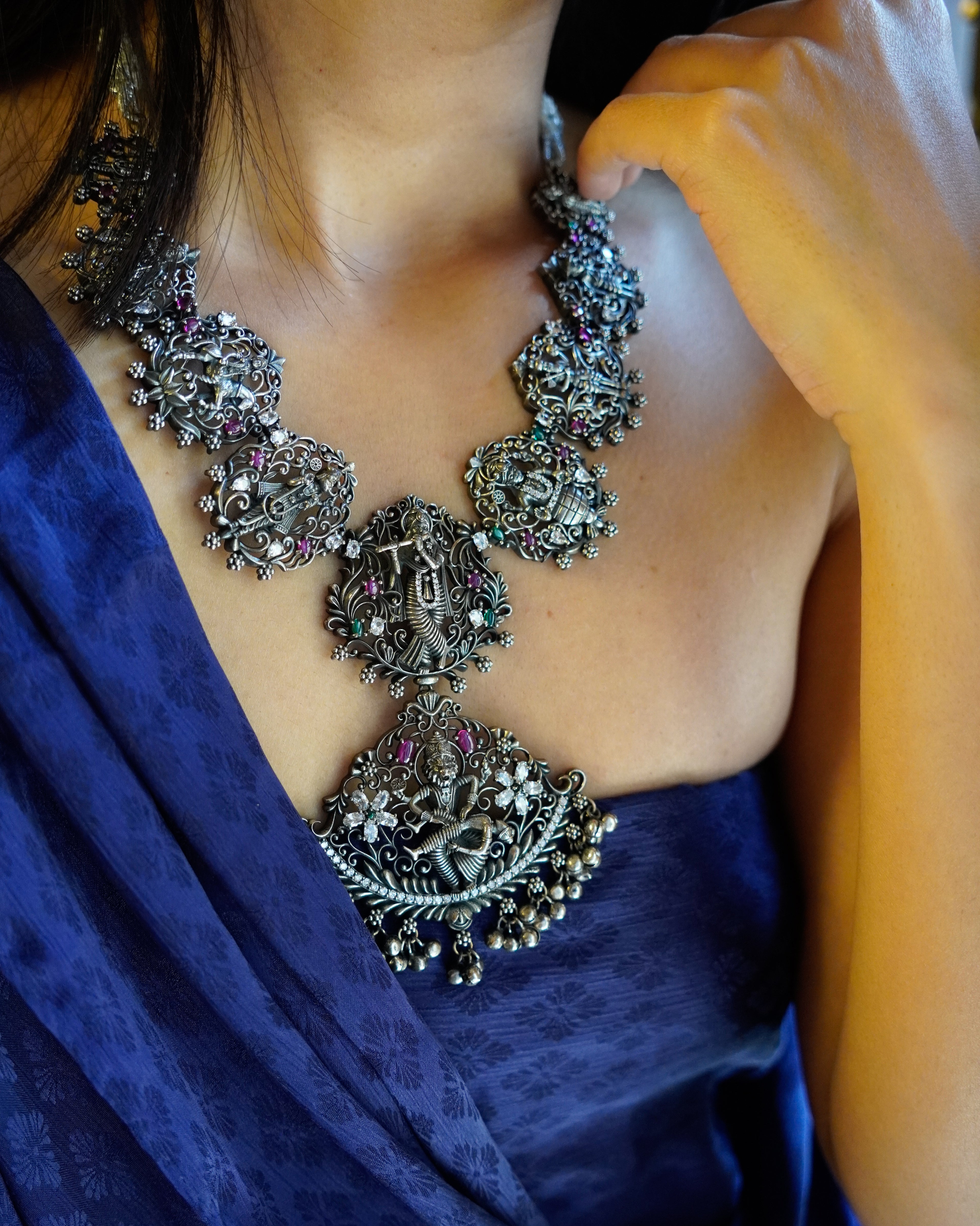 Anassa- Oxidised Temple Jewellery Necklace Set with Earrings – Antique Silver Finish Brass, Goddess Pendant Statement