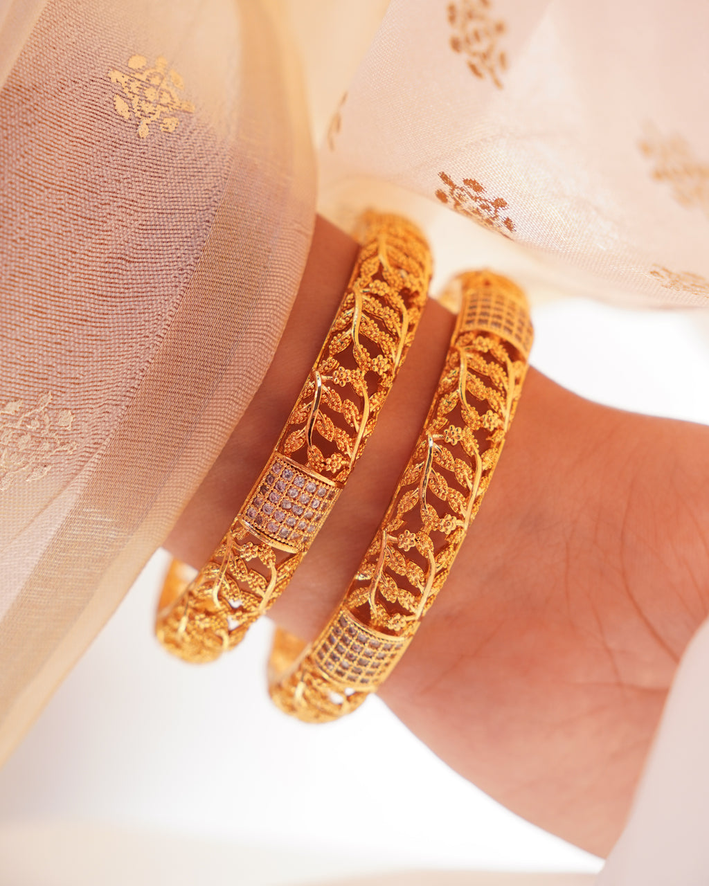 ZORA - Premium 1 Gram Gold Plated Leaf Filigree Bangles | Micro Plated American Diamond Set of 2