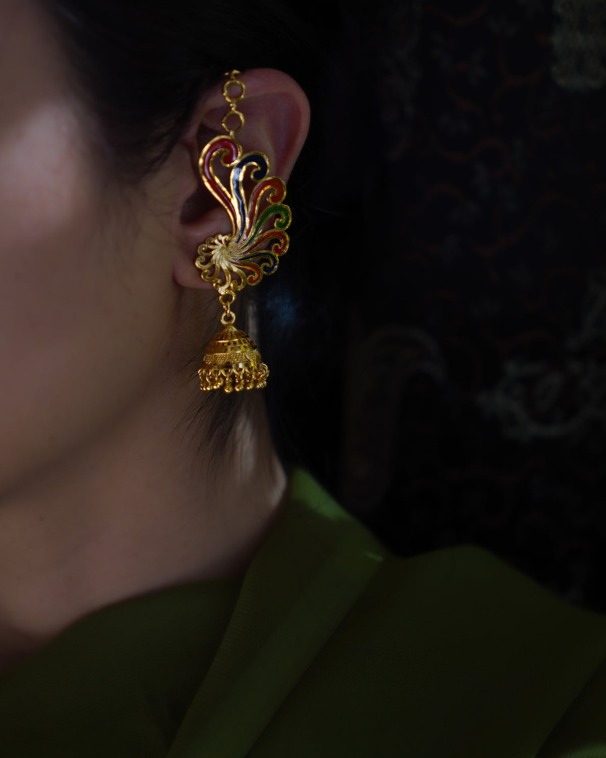 ORO-Premium 1 Gram Gold Plated Meenakari Peacock Kaan Phool Earrings | Micro Plated Enamel Ear Cuffs with Hanging Jhumkas