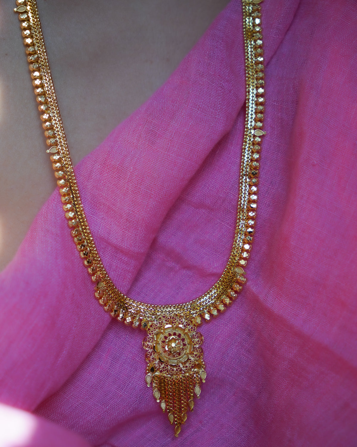 ORO-  Premium 1 Gram Gold Plated Traditional Long Haram Set | Micro Plated Sleek Rani Haar with Central Floral Pendant and Matching Earrings