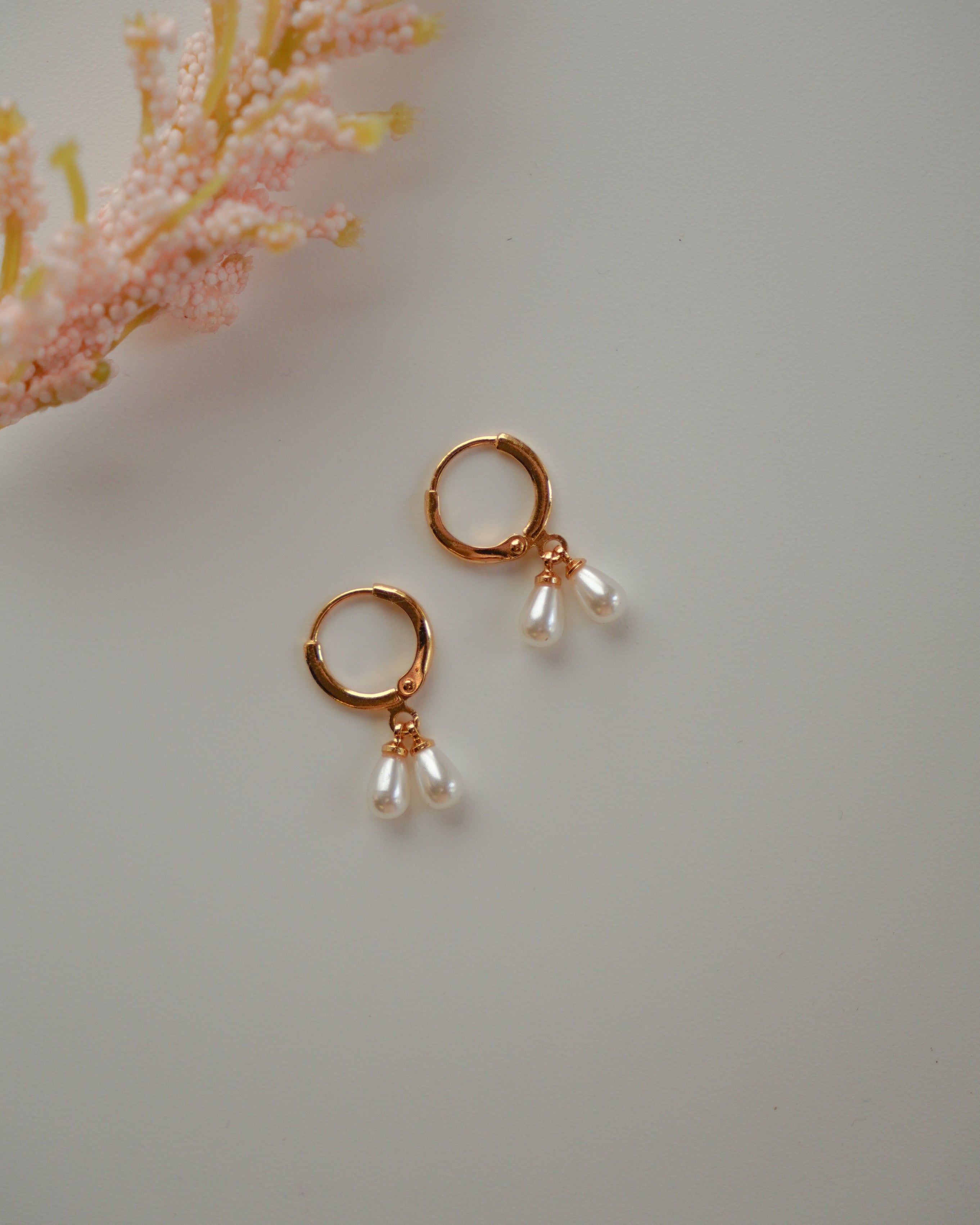FLORA-Gold Double Pearl Drop Hoop Earrings for Women | Minimal Dangle Earrings