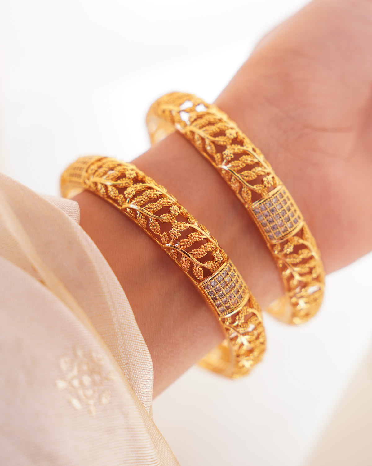 ZORA - Premium 1 Gram Gold Plated Leaf Filigree Bangles | Micro Plated American Diamond Set of 2