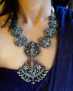 Anassa- Oxidised Temple Jewellery Necklace Set with Earrings – Antique Silver Finish Brass, Goddess Pendant Statement