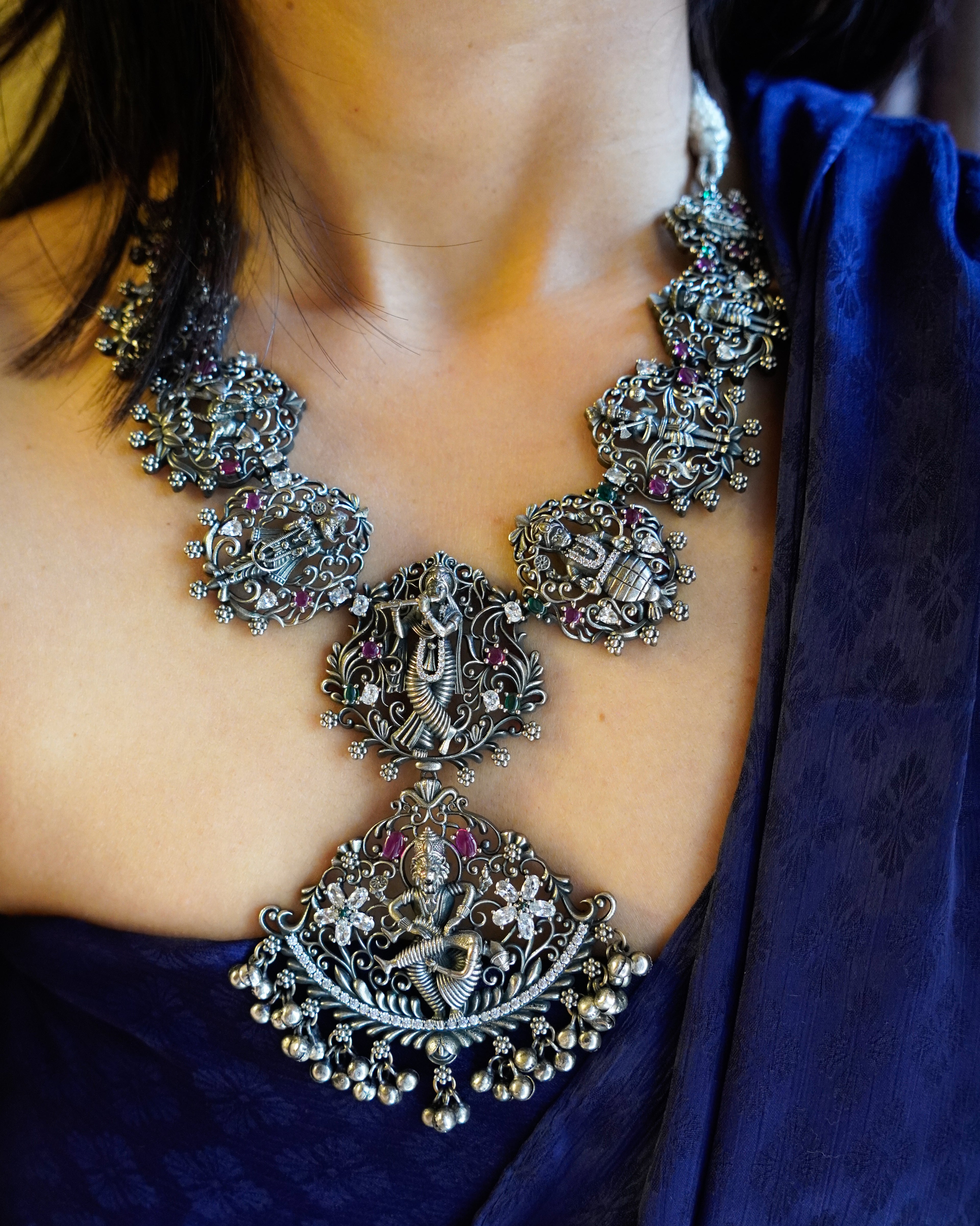 Anassa- Oxidised Temple Jewellery Necklace Set with Earrings – Antique Silver Finish Brass, Goddess Pendant Statement