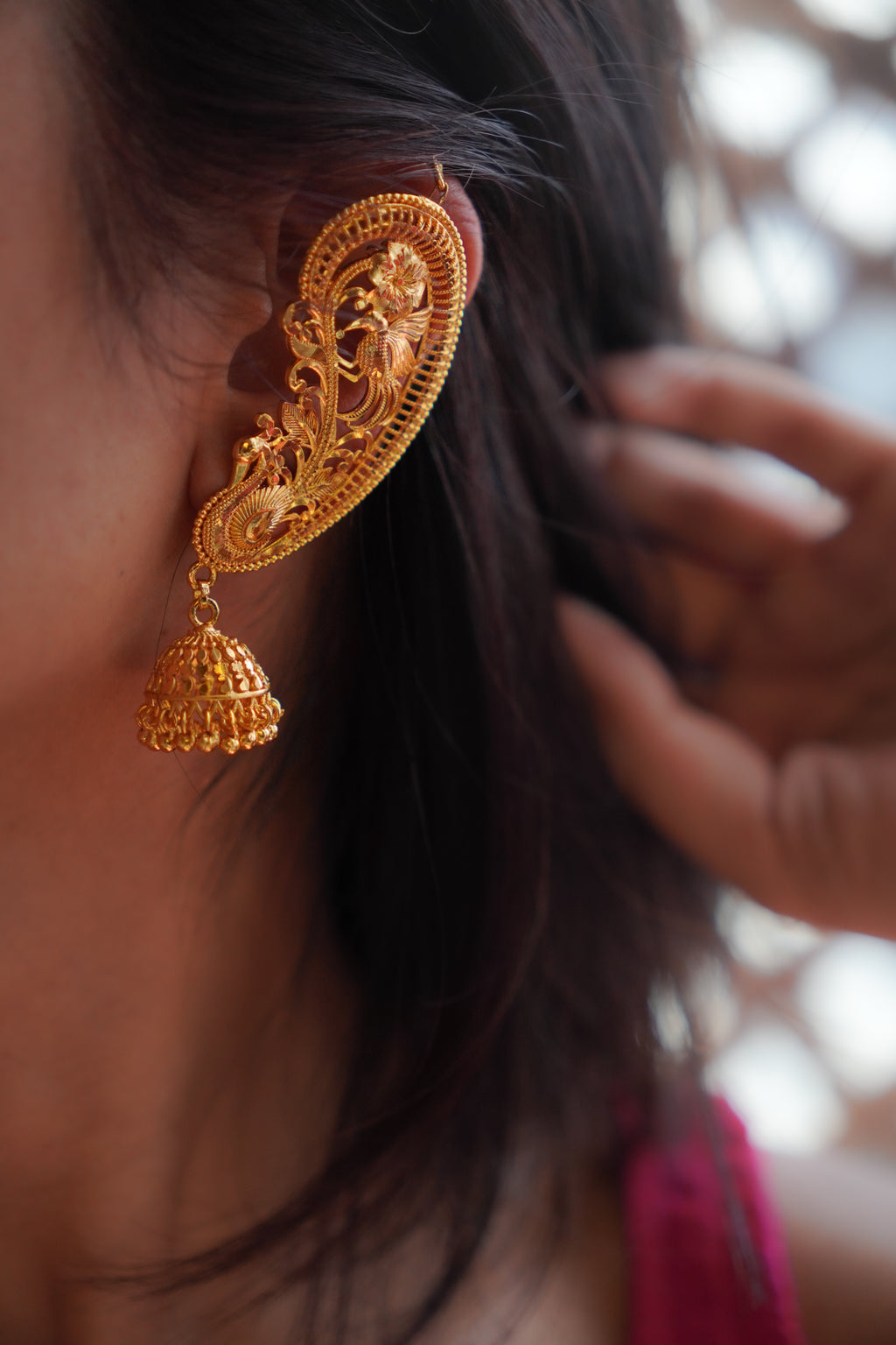 ORO - Premium 1 Gram Gold Plated Royal Peacock Kaan Phool Earrings | Micro Plated Floral Ear Cuffs with Hanging Jhumkas