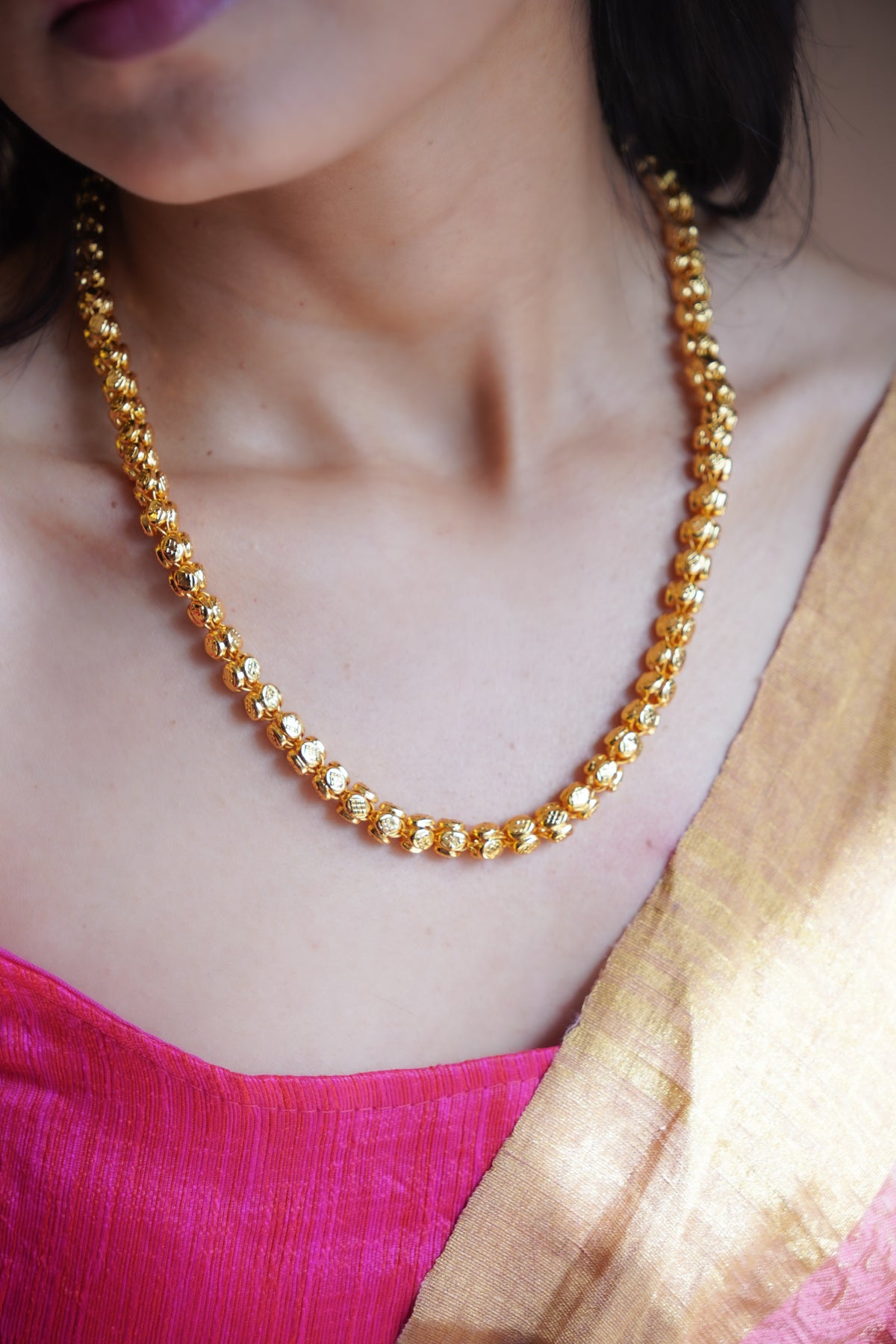 ORO-  Premium 1 Gram Gold Plated Textured Globe Mala Necklace | Micro Plated Traditional Crown Bead Haram Long Chain