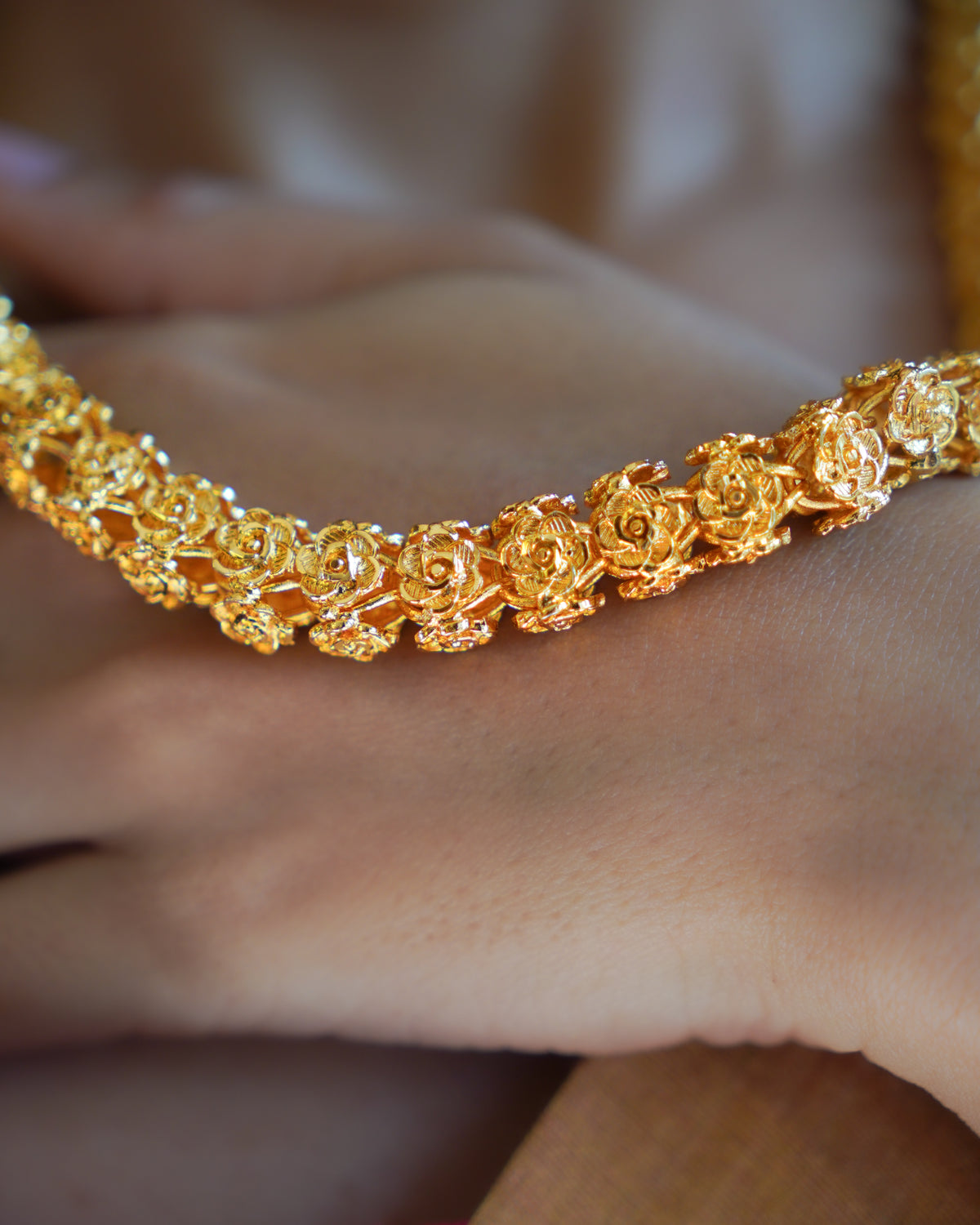 ORO - 1 Gram Gold Plated Rose Buds Mala Necklace | Micro Plated Traditional Hollow Floral Link Haram Long Chain