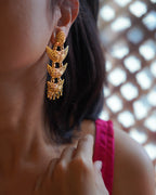 ORO- Royal Three Tier Heritage Dangle – 1gm Gold Plated Dramatic Crescent Mesh Statement Chandbali Earrings