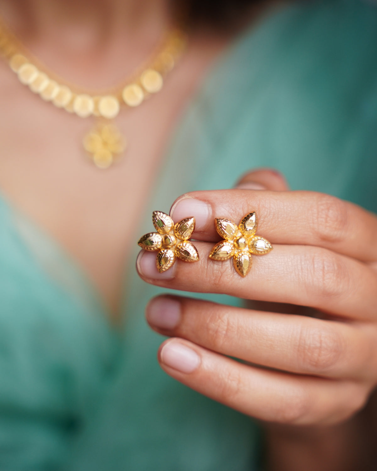 ORO- Gold Plated Jasmine Bud Necklace Set | Premium Micro Plated Floral Pendant and Studs Set