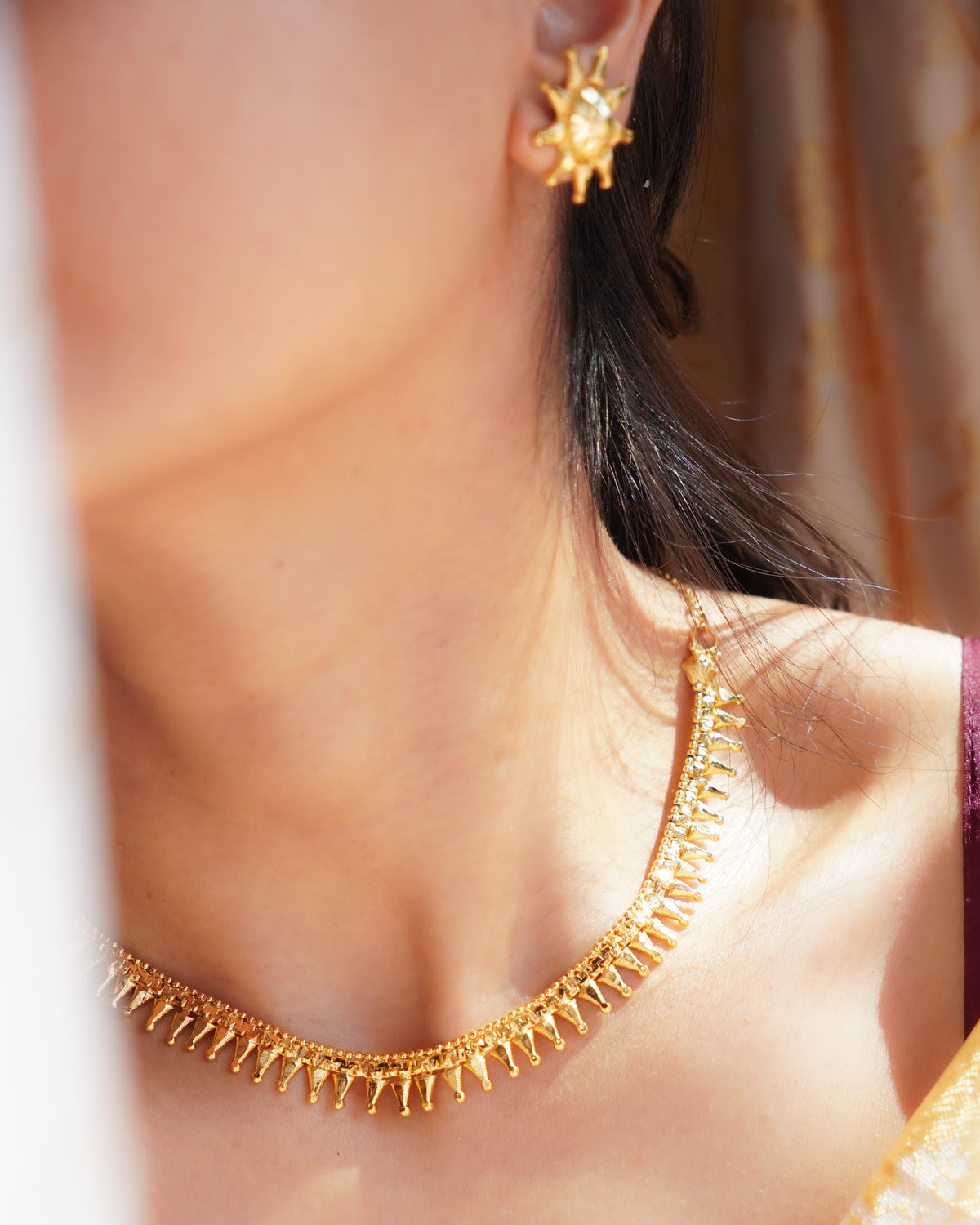 ORO-Gold Plated Geometric Spike Necklace Set | Micro Plated Traditional Necklace with Matching Sunburst Studs